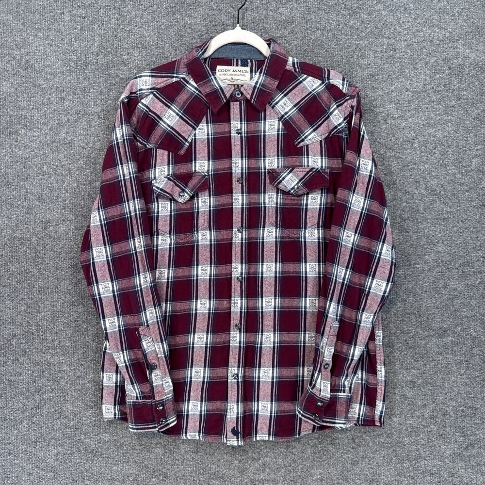 Cody James Western Shirt Mens Medium Burgundy Plaid Long Sleeve Snap Flannel